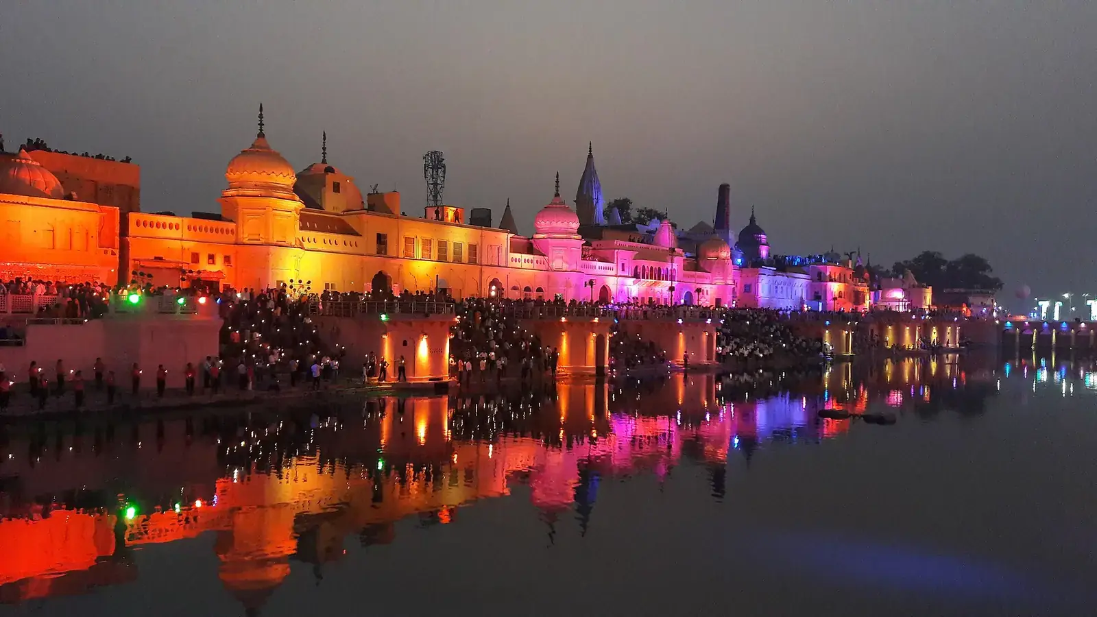 The illuminated ghats of Ram ki Paidi on the Saryu at night, Ayodhya