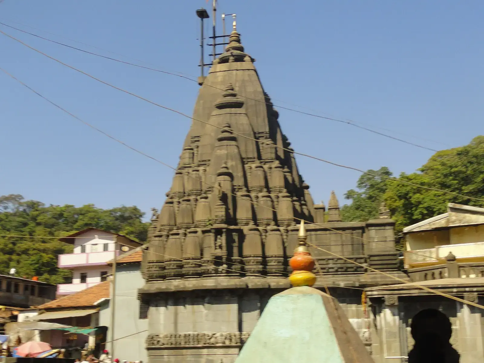 The stone shikhara of Bhimashankar Temple in the Sahyadri hills, Pune district