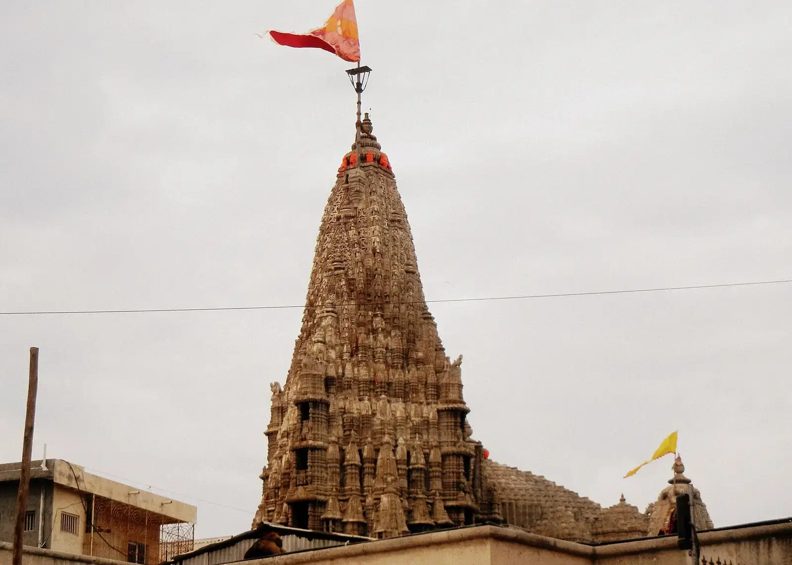 The carved shikhara of Dwarkadhish Temple in Dwarka, Gujarat