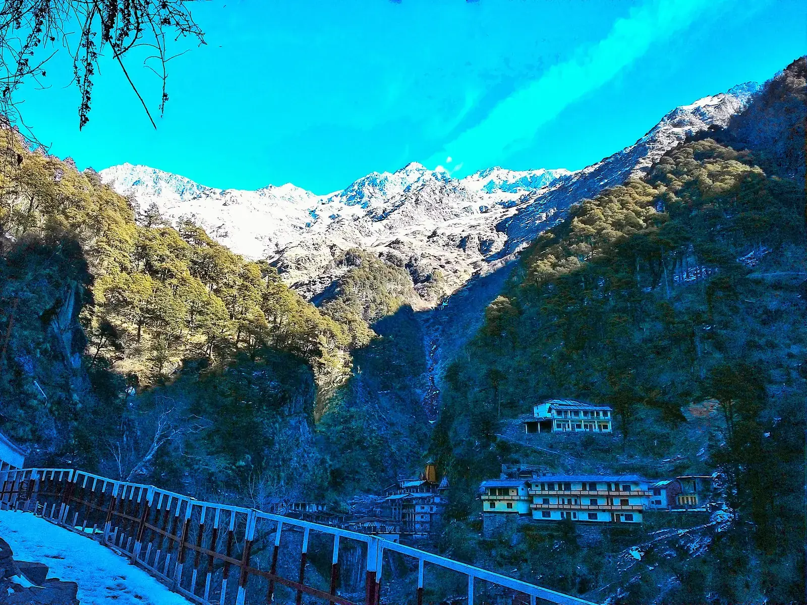 Yamunotri temple below snow-covered peaks in the Garhwal Himalaya