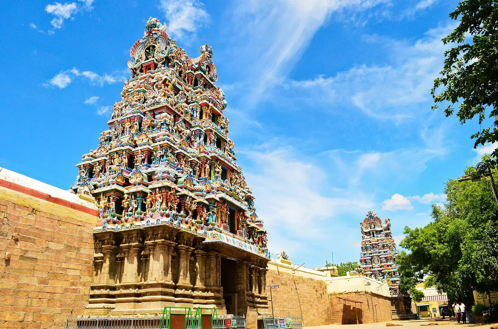 A painted gopuram of the Meenakshi Amman Temple in Madurai, Tamil Nadu
