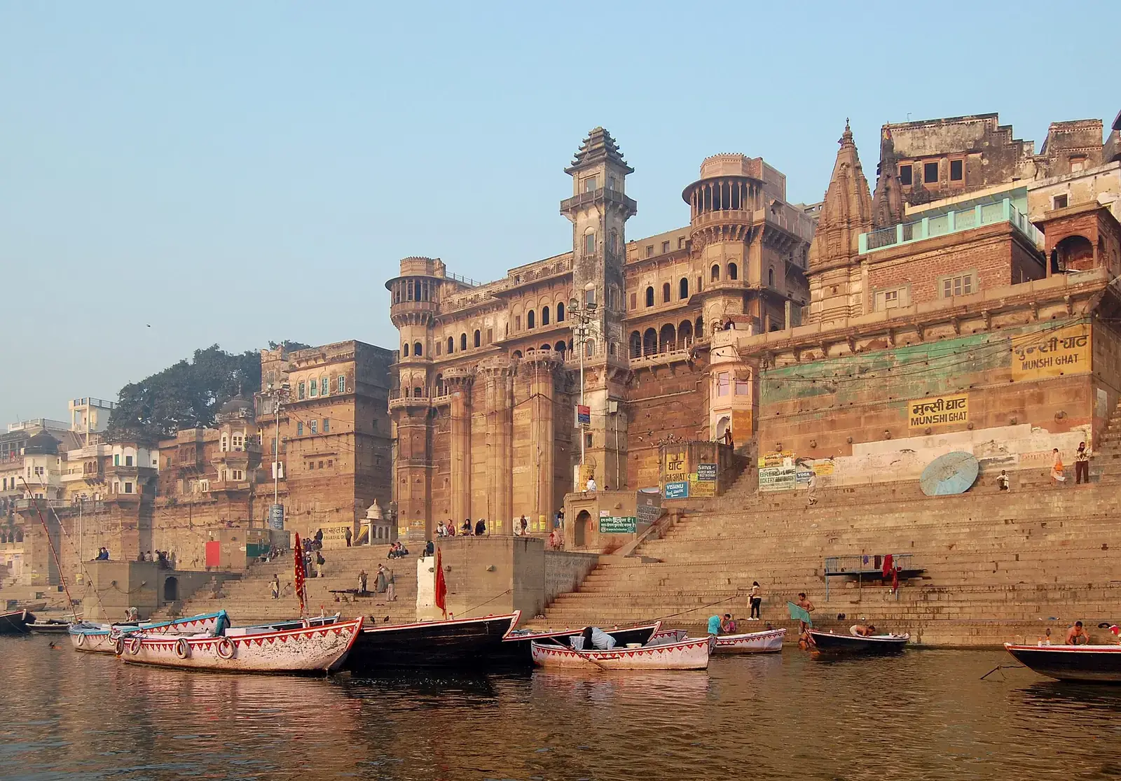 Munshi Ghat and the riverfront of Varanasi on the Ganga
