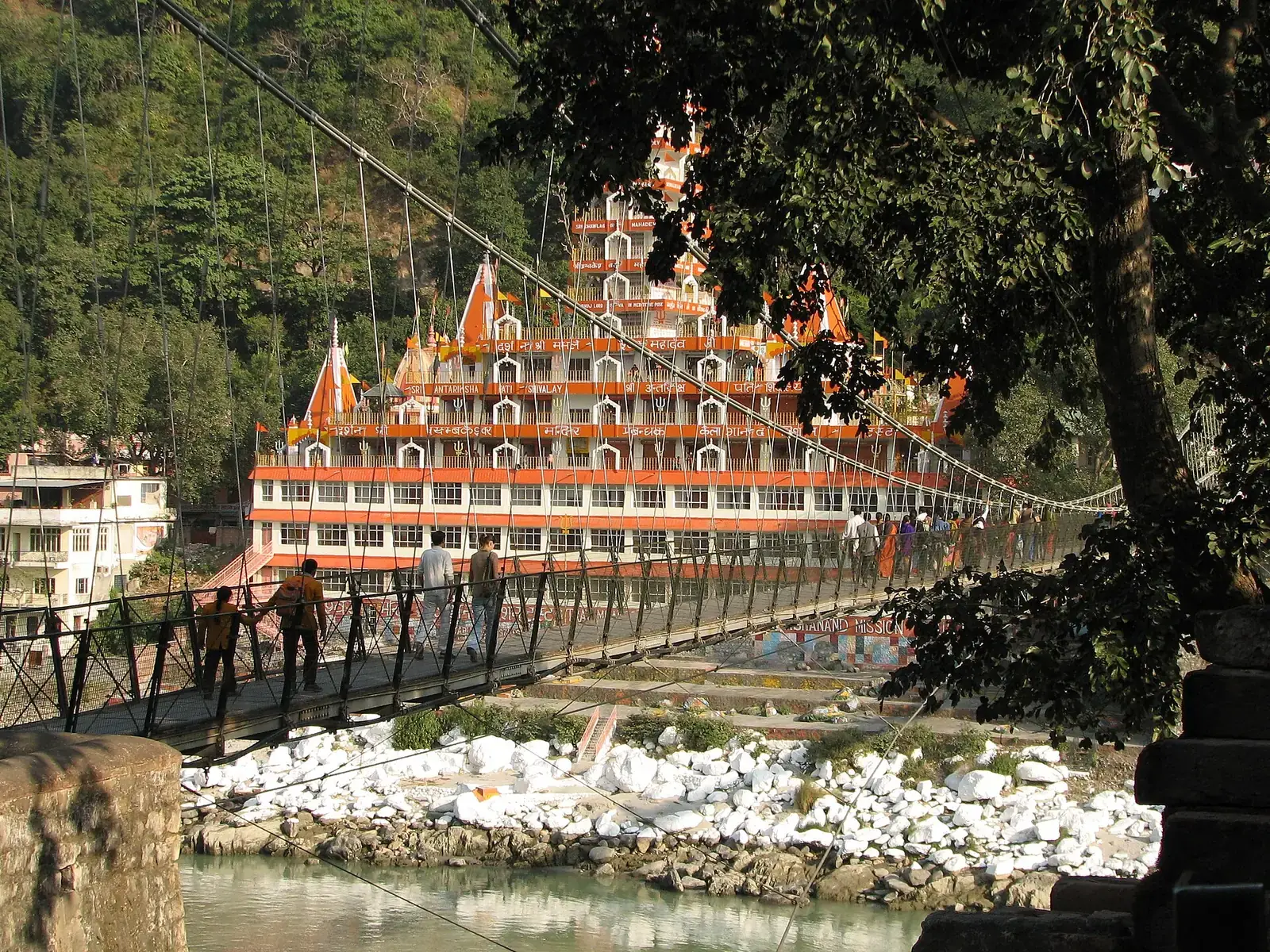 The tiered Tera Manzil temple beside Lakshman Jhula in Rishikesh