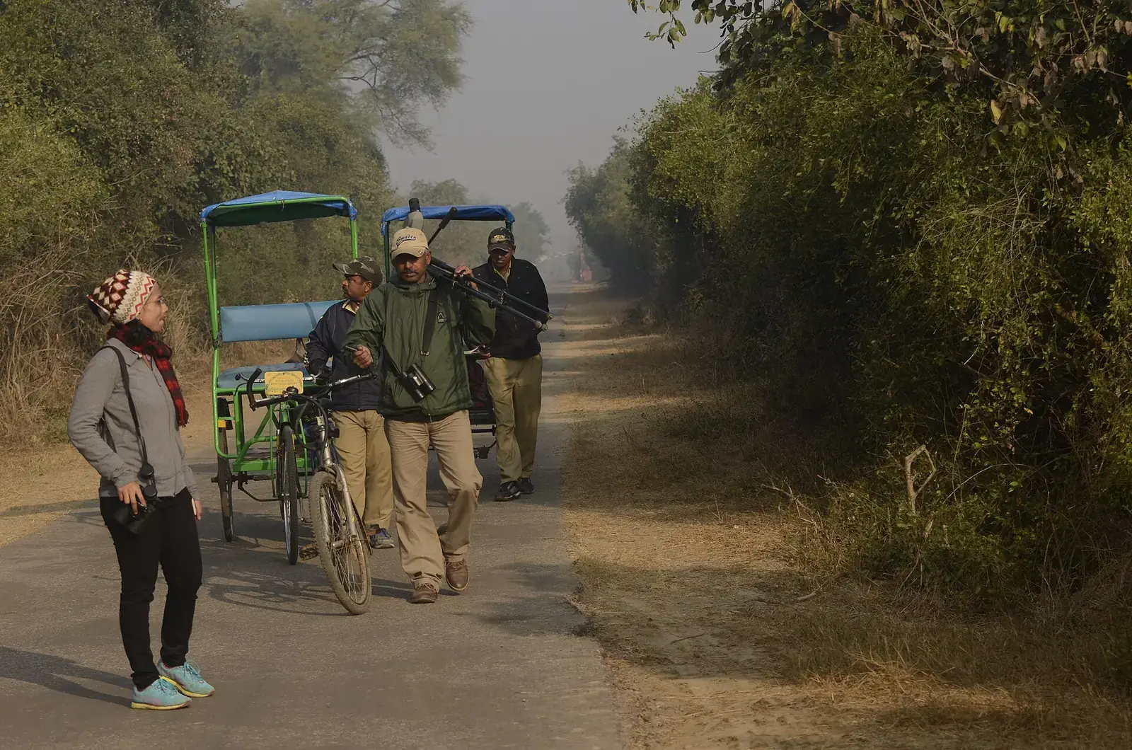 Birdwatchers with binoculars and cycle-rickshaws on a path in Keoladeo National Park